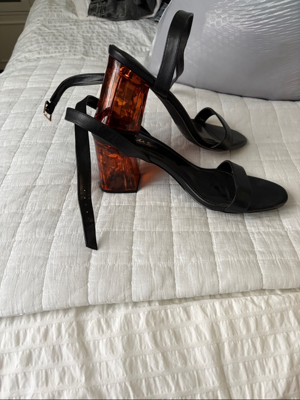 Black Strappy Sandals with Amber Block Heel